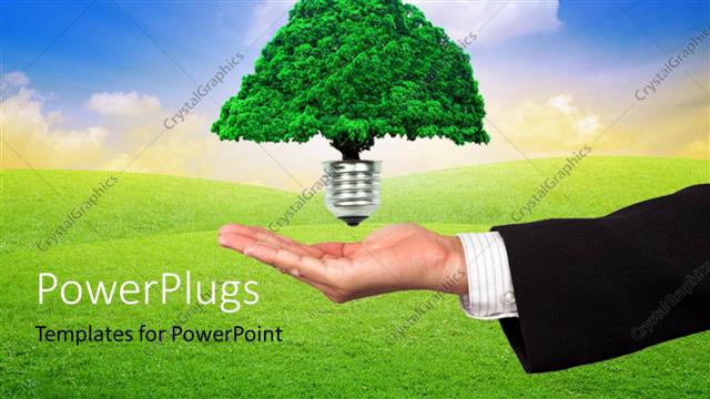  Presentation with light green - Light bulb with tree as filament in man's hand over green field?