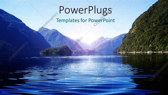  Presentation with fiord - Light glow over water surface with water ripples and mountains