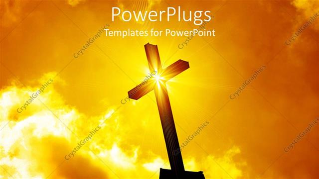  Presentation with star - Lighted cross silhouette with bursting star on cross on sunny lighted sky in the background