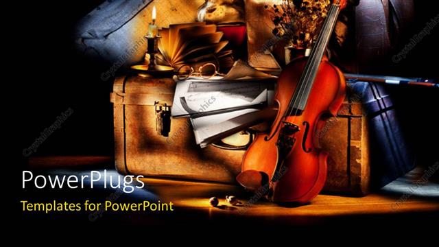  Presentation with suitcase - Lighted violin candle and classic violin on suitcase over black background