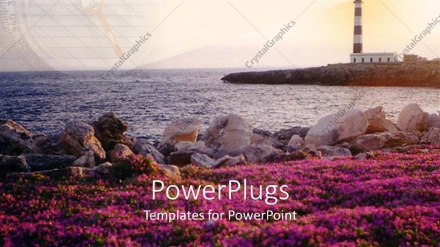  Presentation with rocks - Lighthouse in sun with rocks and purple flowers in foreground