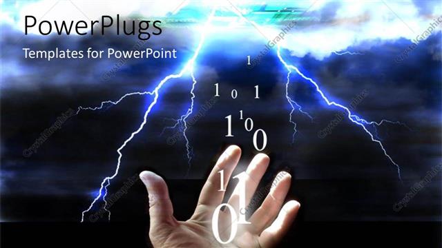  Presentation with tech - Lightning in cloudy sky with binary codes from mans hand