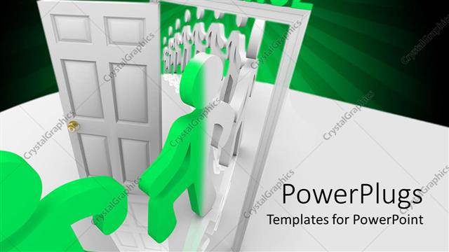  Presentation with going green - Line of animated green and white human figures going through a white door