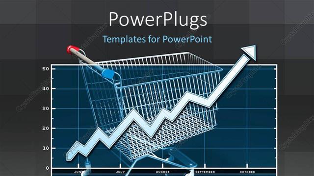  Presentation with sales - Line chart rising over shopping cart on grey background