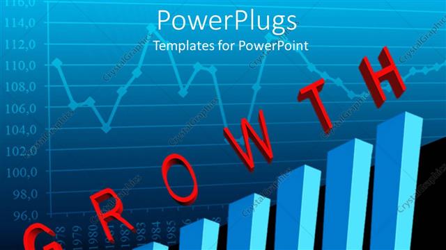  Presentation with growth chart - Line graph behind blue bar chart with red letters spelling Growth