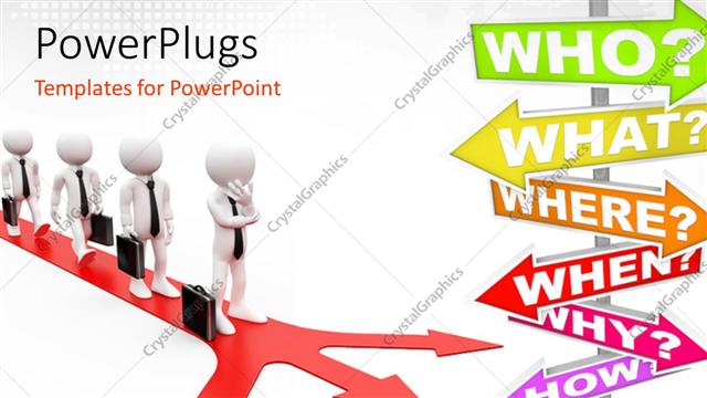  Presentation with decision making - Line of white figures carrying briefcases wearing black tie on red forked arrow with question words sign post