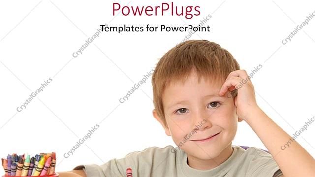  Presentation with education red - Little boy drawing with pencil and red cup filled with colored pencils