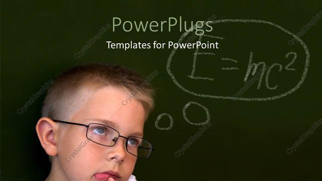  Presentation with thinking - Little boy with eye glasses over chalkboard with Einstein relativity formula