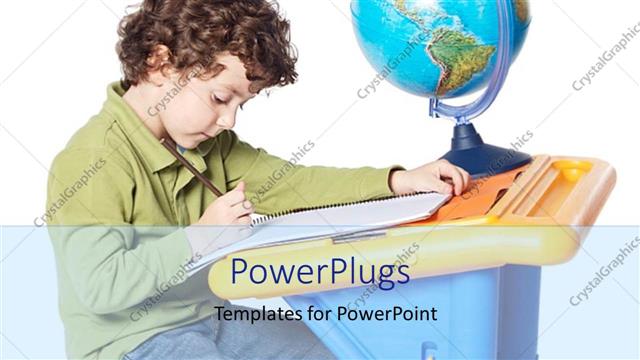  Presentation with desk - Little boy sitting at desk studying with pencil, notebook and globe