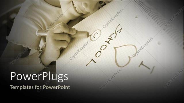  Presentation with crayon - Little girl with a crayon drawing an I LOVE SCHOOL text