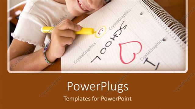  Presentation with heart education - Little girl with highlighter and notebook showing I (heart) school