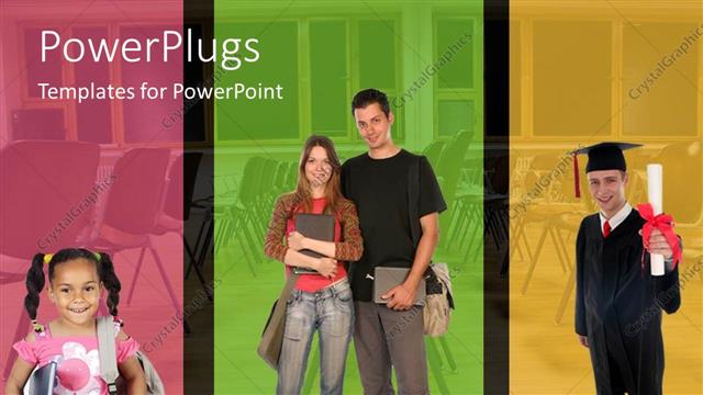  Presentation with students - Little girl ready for school, pair of older students, and graduate with classroom background