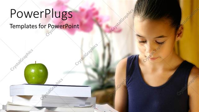  Presentation with apple - Little keep studying from open book with green apple on book stack