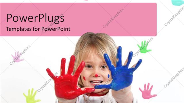  Presentation with palm - Little kid playing with colors and colored palm prints on white background