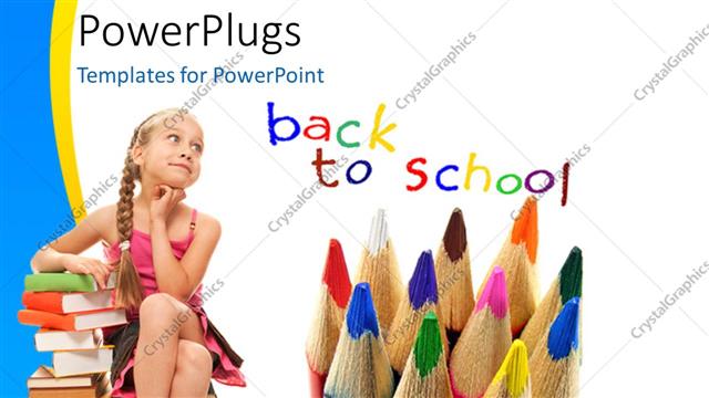  Presentation with pile - Little kid sitting on book pile with colorful pencils on white background