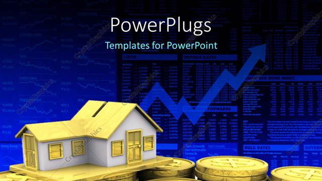  Presentation with finance - A lot of coins with a house and graph in background