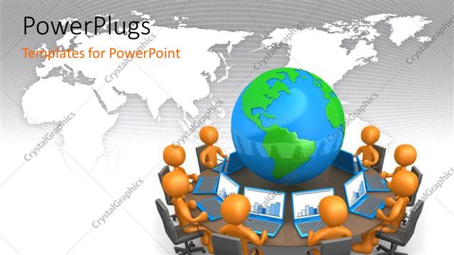  Presentation with network - Lots of 3D characters with laptops around an earth globe