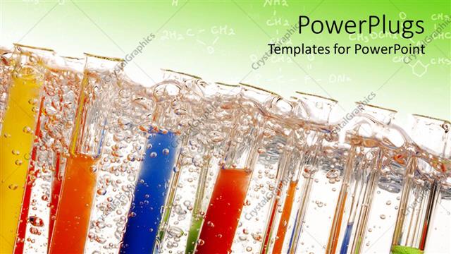  Presentation with science - Lots of arranged test tubes with colored solutions and bubbles