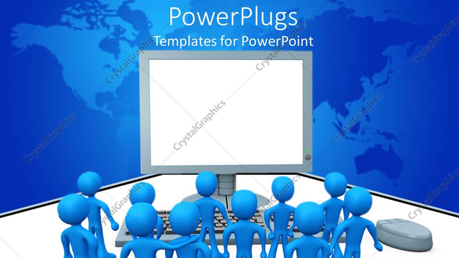 Featuring Lots of Blue Colored 3D Characters Facing a large Computer