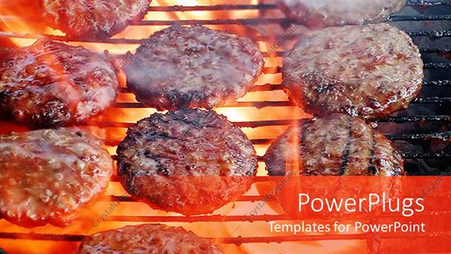  Presentation with burgers - Lots of burgers roasting over a flame on a lit grill
