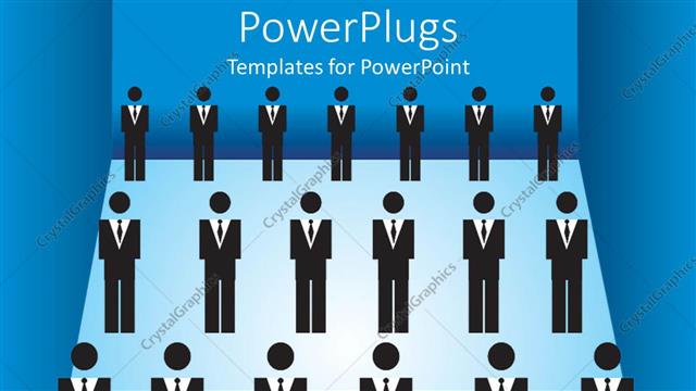  Presentation with company - Lots of business human figures standing in rows on a blue background