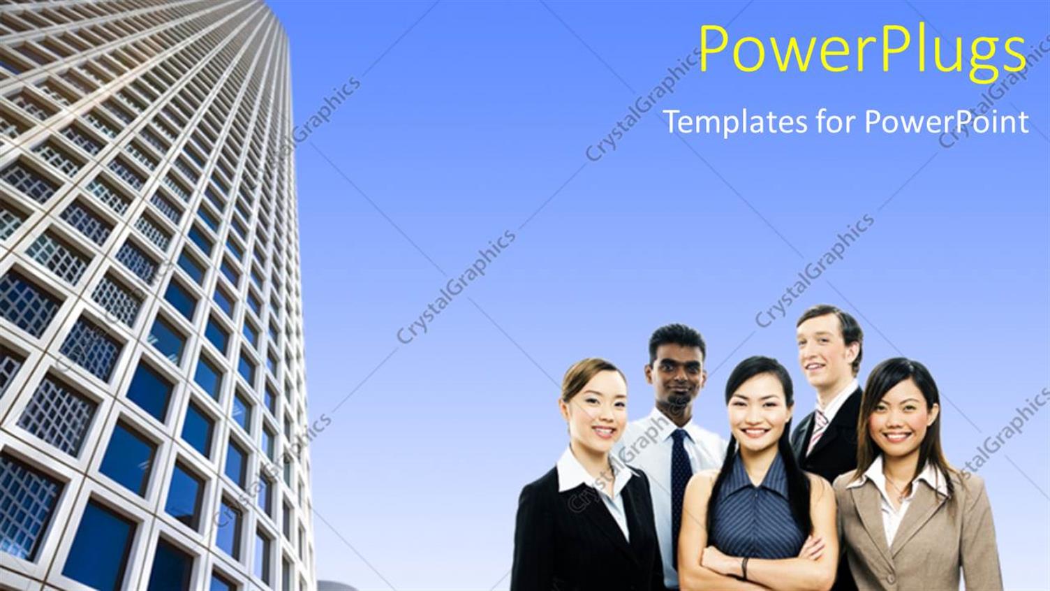 Featuring Lots of Business Men and woMen Smiling in Front of a Sky Scrapper