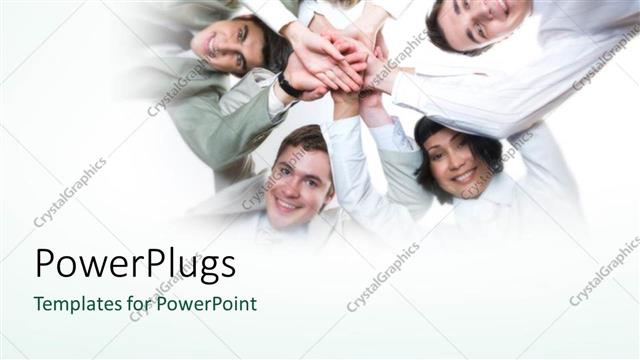  Presentation with business partner - Lots of business people joining their hands together in unison