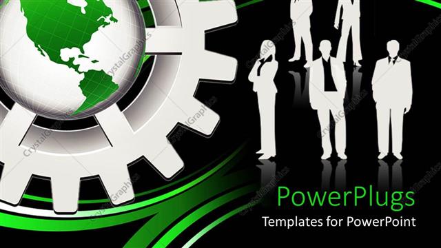  Presentation with green earth - Lots of business people standing beside a green earth globe in a white gear