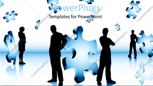  Presentation with solution - Lots of business people standing with puzzle pieces in the air