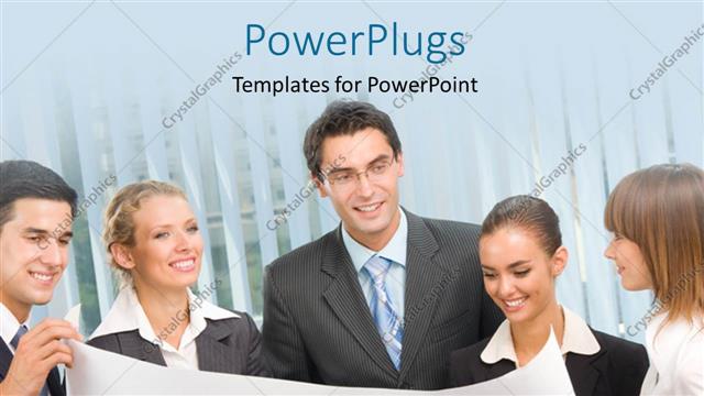  Presentation with business plan - Lots of business people staring at a business plan happily