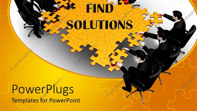  Presentation with solutions business - Lots of business people trying to arrange a big yellow jig saw puzzle