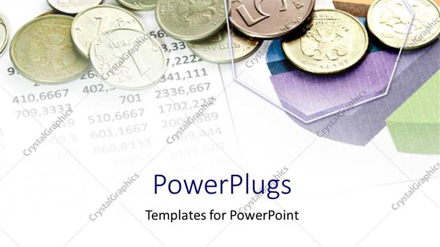  Presentation with investment - Lots of coins of different denomination on  paper with figures