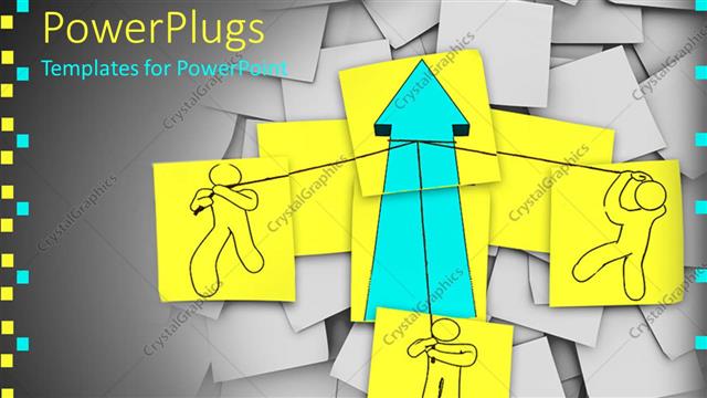  Presentation with team work - Lots of colorful papers with a drawing of people undergoing team work and pulling an arrow