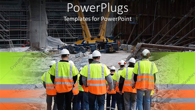  Presentation with tractor - Lots of construction workers marching towards a site with a tractor