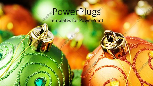  Presentation with orange colored - Lots of decorated green and orange colored Christmas ornaments