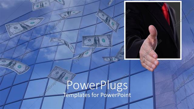  Presentation with blue handshake - Lots of Dollar Bills in the air on a clear blue sky and a hand