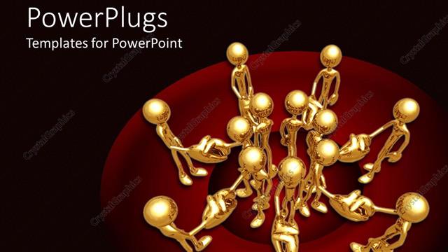 Presentation with gold red - Lots of gold colored 3D human characters standing on a red surface and having hand shakes