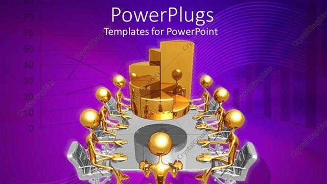  Presentation with meeting table - Lots of gold colored human colored humans sitting on a usiness table with a goled pie chart