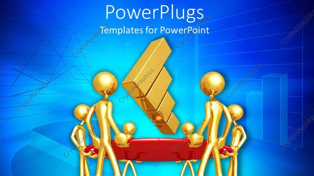  Presentation with bar - Lots of gold colored human figures holding a bouncing bar chart