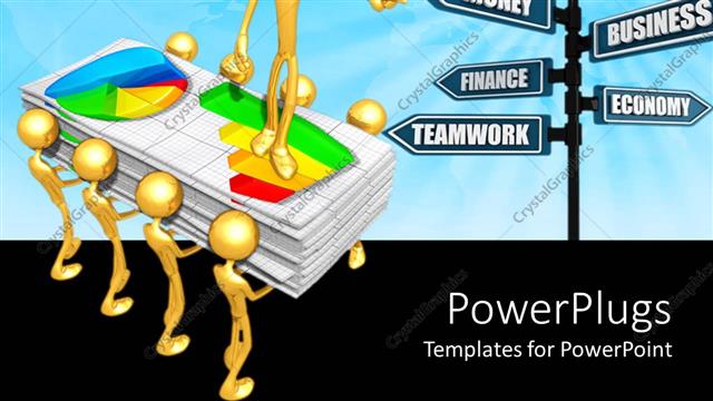  Presentation with business report - Lots of gold colored human figures carrying  stack of paper
