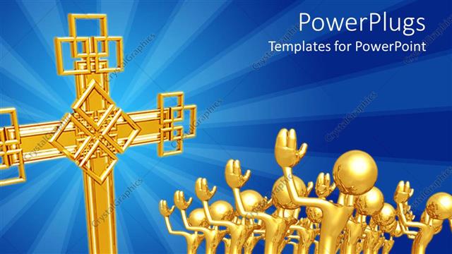  Presentation with kneeling - Lots of golden human characters kneeling to a big cross