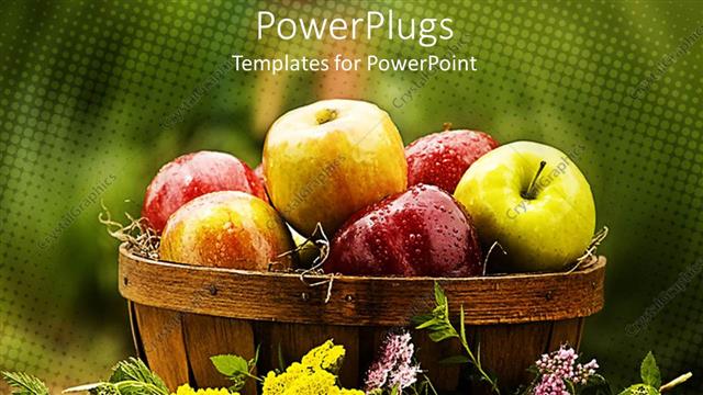  Presentation with green apples - Lots of green and red apples in a large brown bowl