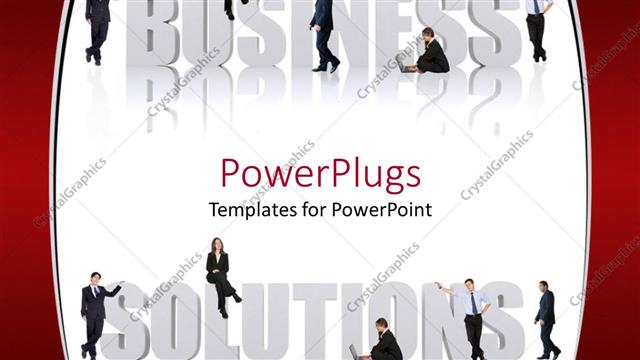  Presentation with solutions business - Lots of humans sitting and standing on a business solutions text