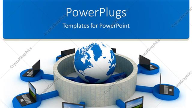  Presentation with stand - Lots of laptops on a blue stand surrounding an earth globe