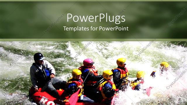  Presentation with rafting - Lots of people on a boat rowing on the water waves