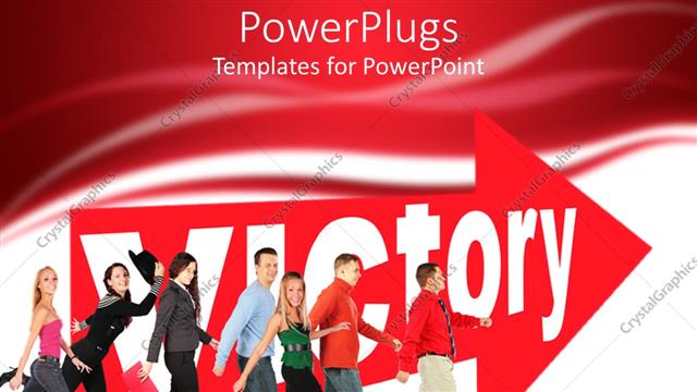  Presentation with victory - Lots of people walking following an arrow sign with the text Victory