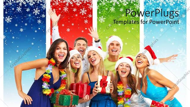  Presentation with gifts - Lots of people wearing a Christmas cap and holding gifts