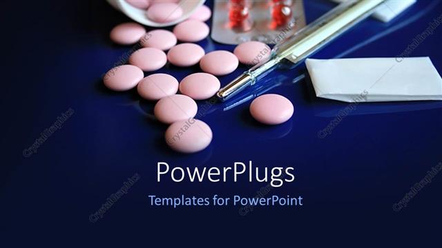  Presentation with medicines - Lots of pink tablets spilled on a reflective blue surface