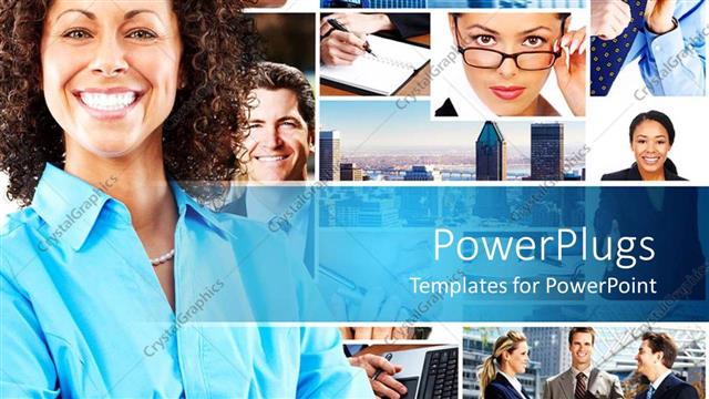  Presentation with lady - Lots of tiles showing business and corporate settings with a smiling lady