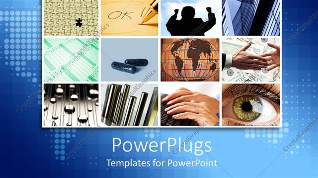  Presentation with elements - Lots of tiles showing different business elements on a blue map background